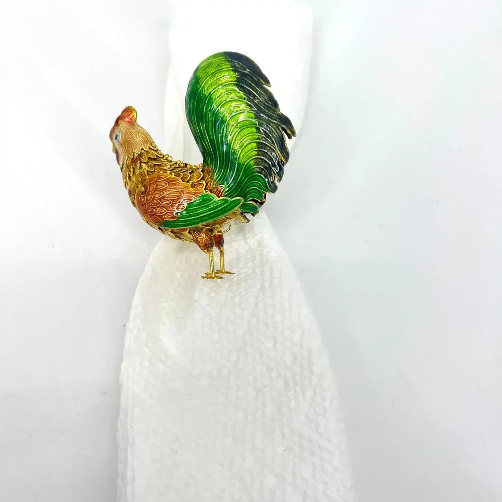 Enamel Rooster Napkin Rings Articulated Set of FOUR